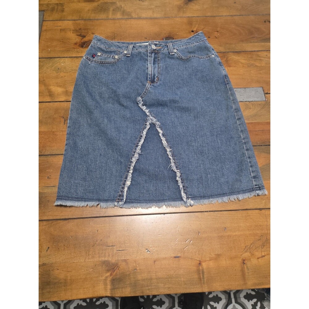 Vintage Z Cavaricci Denim Skirt Y2K Distressed Frayed Hem Jean Midi Womens 30